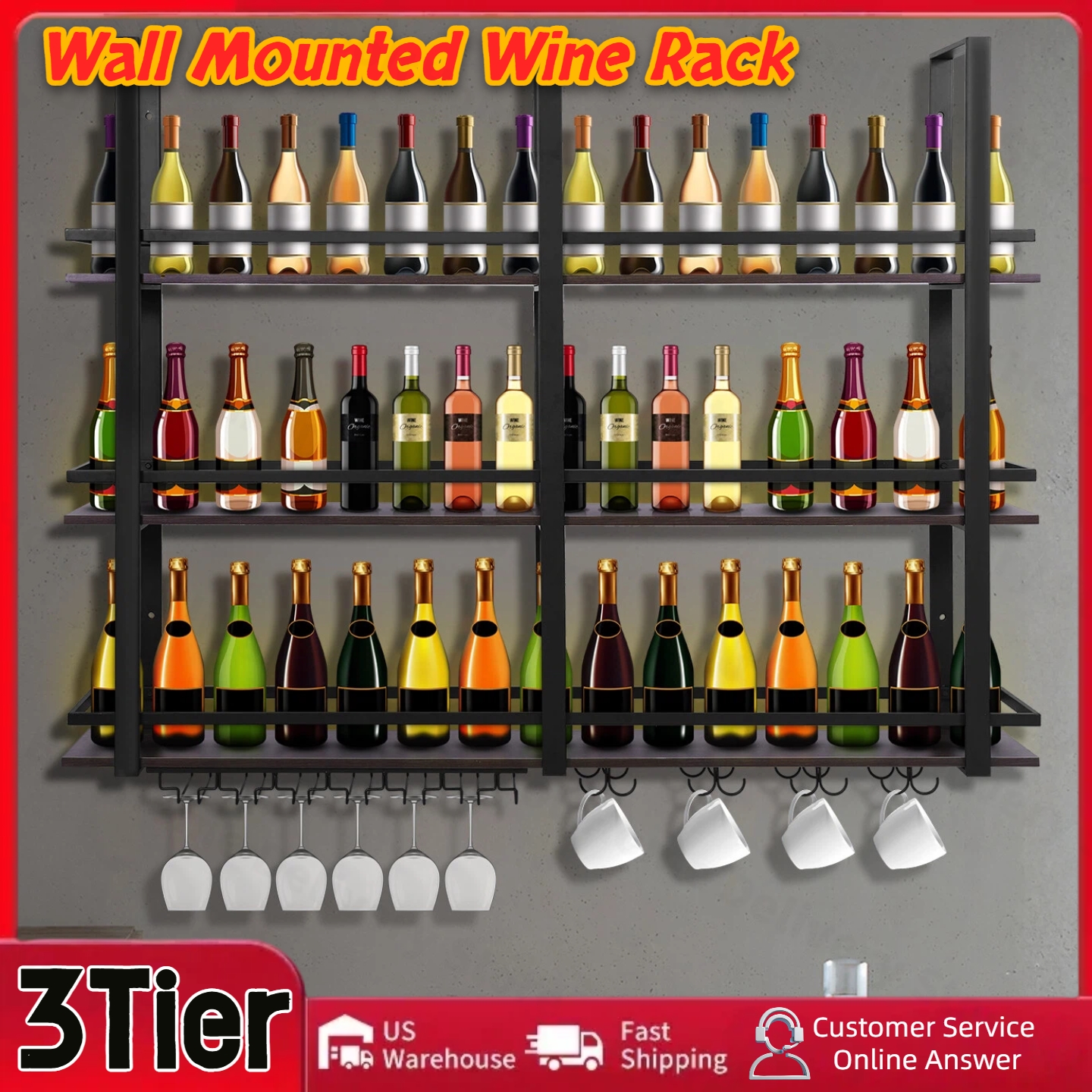 Home Bar Shelves - 3Tier Wall Mounted Wine Rack Bottles