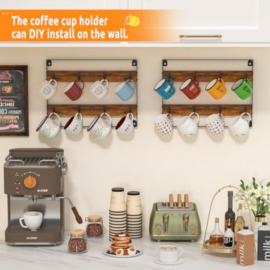 Rustic Wood Coffee Mug Rack -  - Home Bar Shelves incelemesi ve fiyatı